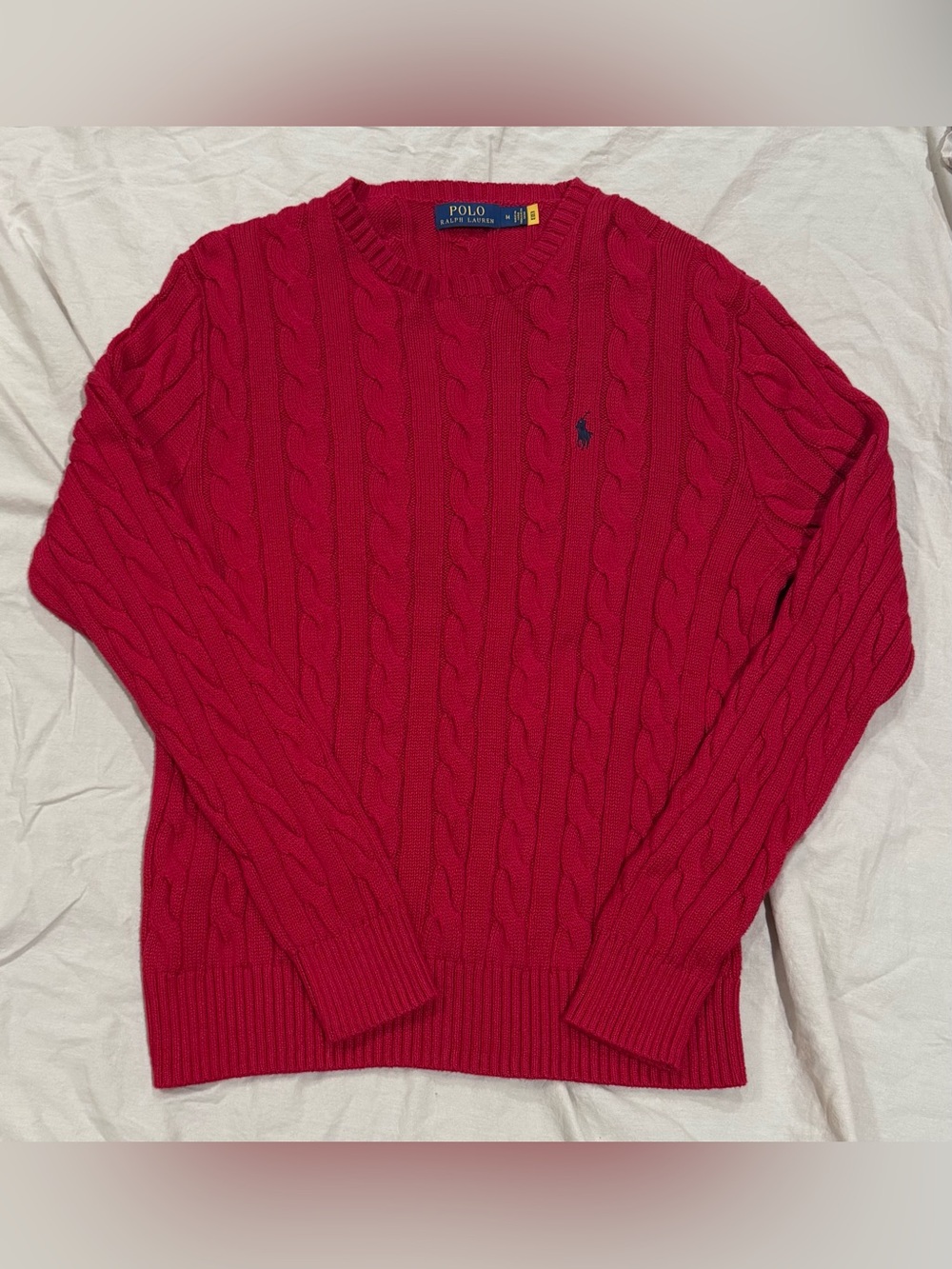 Polo Ralph Lauren Cable Knit Cotton Sweater Red Crewneck Mens navy pony Medium